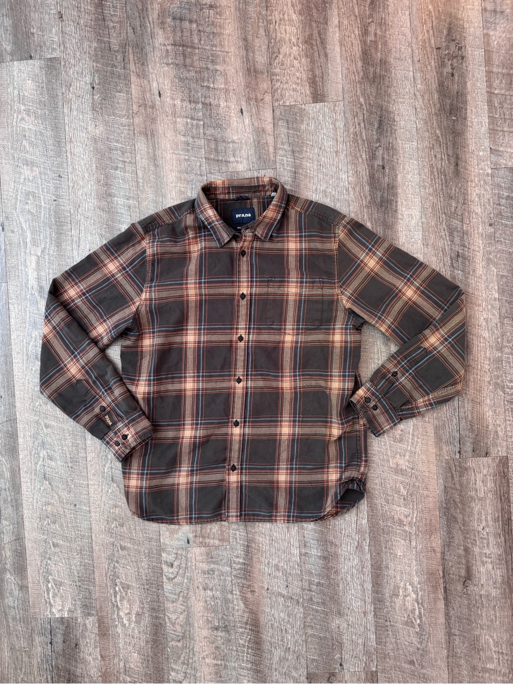 Prana Men's Brown and Tan Plaid Button-Down Shirt
